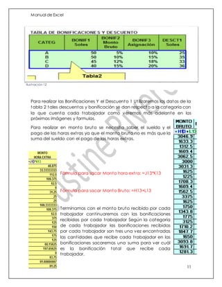 Manual de Excel
11
Para realizar las Bonificaciones Y el Descuento 1 Utilizaremos los datos de la
tabla 2 tales descuentos y bonificación se dan respecto a la categoría con
la que cuenta cada trabajador como veremos más adelante en las
próximas imágenes y formulas.
Para realizar en monto bruto se necesita saber el sueldo y el
pago de las horas extras ya que el monto bruto no es más que la
suma del sueldo con el pago de las horas extras.
Fórmula para sacar Monto hora extra: =J13*K13
Fórmula para sacar Monto Bruto: =H13+L13
Terminamos con el monto bruto recibido por cada
trabajador continuaremos con las bonificaciones
recibidas por cada trabajador Según la categoría
de cada trabajador las bonificaciones recibidas
por cada trabajador son tres una vez encontradas
las cantidades que recibe cada trabajador en las
bonificaciones sacaremos una suma para ver cuál
es la bonificación total que recibe cada
trabajador.
Ilustración 12
 