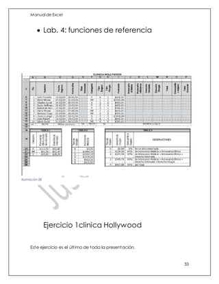 Manual de Excel
33
 Lab. 4: funciones de referencia
Ejercicio 1clinica Hollywood
Este ejercicio es el último de toda la presentación.
Ilustración 38
 