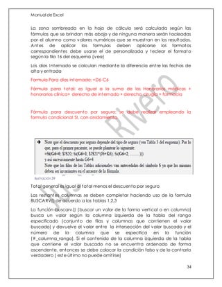 Manual de Excel
34
La zona sombreada en la hoja de cálculo será calculada según las
fórmulas que se brindan más abajo y de ninguna manera serán tacleadas
por el alumno como valores numéricos que se muestran en los resultados.
Antes de aplicar las formulas deben aplicarse los formatos
correspondientes debe usarse el de personalizada y teclear el formato
según la fila 16 del esquema (vea)
Los días Internado se calculan mediante la diferencia entre las fechas de
alta y entrada
Formula Para días internado: =D6-C6
Fórmula para total: es Igual a la suma de los Honorarios médicos +
honorarios clínica+ derecho de internado + derecho cirugía + farmacia
Fórmula para descuento por seguro: se debe realizar empleando la
formula condicional SI, con anidamiento.
Total general es igual al total menos el descuento por seguro
Las restantes columnas se deben completar haciendo uso de la formula
BUSCARV() de acuerdo a las tablas 1,2,3
La función buscarv() (buscar un valor de la forma vertical o en columna)
busca un valor según la columna izquierda de la tabla del rango
especificado (conjunto de filas y columnas que contienen el valor
buscado) y devuelve el valor entre la intersección del valor buscado y el
número de la columna que se especifica en la función
(#_columna_rango). Si el contenido de la columna izquierda de la tabla
que contiene el valor buscado no se encuentra ordenado de forma
ascendente, entonces se debe colocar la condición falso y de lo contrario
verdadero ( este último no puede omitirse)
Ilustración 39
 