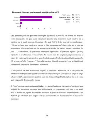 31
Une grande majorité des personnes interrogées jugent que la publicité sur internet est intrusive
voire dérangeante. On peut donc clairement identifier une perception plutôt négative de la
publicité par le panel interrogé. On sait en effet qu’à 92.9 % ils les trouvent trop nombreuses :
“Elle est présente tout simplement partout et [les internautes ont] l'impression de la subir en
permanence. Elle est présente sur les moteurs de recherche, les réseaux sociaux, les vidéos, les
jeux …”. Globalement, les personnes interrogées reprochent à la publicité digitale “[d’être]
infernales et envahissantes, ce ne sont plus des encarts mais des templates qui prennent toute la
place, des vidéos qui se déclenchent sans [leur] demander [leur] avis, des publicités auxquelles
[ils ne peuvent] plus échapper…” Ils renchérissent en faisant le comparatif avec la télévision où
en zappant il est possible d’échapper à la publicité.
L’avis général est donc relativement négatif, et inquiétant. Néanmoins, on a une partie des
internautes interrogés qui la jugent “de temps en temps esthétique” (32%) et « de temps en temps
efficace » (22%), ce qui montre que tout n’est pas noir pour la publicité digitale. Et, on le verra,
qu’il est possible de changer les choses.
Si l’on s’intéresse maintenant aux adblockers et à leur utilisation, on s’aperçoit qu’une importante
majorité des internautes interrogés sont utilisateurs de ces programmes, soit 68.6 % du panel.
87.5 % d’entre eux jugeant d’ailleurs les bloqueurs de publicité efficaces. Majoritairement, c’est
Adblock qui est utilisé, mais on peut voir que les internautes ont d’autres moyens de bloquer les
publicités :
 