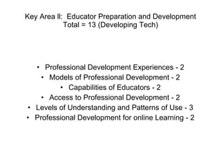 Key Area ll:  Educator Preparation and Development Total = 13 (Developing Tech) Professional Development Experiences - 2 Models of Professional Development - 2 Capabilities of Educators - 2 Access to Professional Development - 2 Levels of Understanding and Patterns of Use - 3 Professional Development for online Learning - 2 