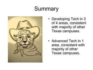 Summary Developing Tech in 3 of 4 areas, consistent with majority of other Texas campuses. Advanced Tech in 1 area, consistent with majority of other Texas campuses. 