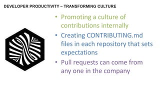 DEVELOPER PRODUCTIVITY – TRANSFORMING CULTURE
• Promoting a culture of
contributions internally
• Creating CONTRIBUTING.md
files in each repository that sets
expectations
• Pull requests can come from
any one in the company
 