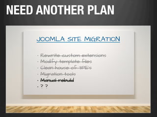 NEED ANOTHER PLAN

    JOOMLA SITE MIGRATION

     •   Rewrite custom extensions
     •   Modify template files
     •   Clean house of 3PE’s
     •   Migration tools
     •   Manual rebuild
     •   ??
 