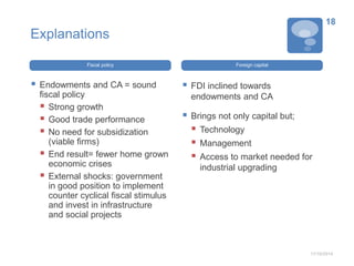 Explanations 
Fiscal policy 
 Endowments and CA = sound 
fiscal policy 
 Strong growth 
 Good trade performance 
 No need for subsidization 
(viable firms) 
 End result= fewer home grown 
economic crises 
 External shocks: government 
in good position to implement 
counter cyclical fiscal stimulus 
and invest in infrastructure 
and social projects 
Foreign capital 
 FDI inclined towards 
endowments and CA 
 Brings not only capital but; 
 Technology 
 Management 
 Access to market needed for 
industrial upgrading 
18 
11/10/2014 
 