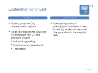 Explanation continued 
Trade policy 
 Trading based on CA, 
concentrate on exports 
 Trade liberalization for industries 
not consistent with CA and 
subject to imports 
 Industrial upgrading 
 Infrastructure improvement 
 Technology 
Human development 
 Industrial upgrading + 
technological innovation = need 
for training workers to cope with 
change and attain the requisite 
skills 
19 
11/10/2014 
 