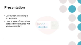 Presentation
• Used when presenting to
an audience
• Less is more: Charts show
data and contextualize with
your commentary
 