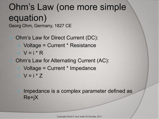 Ohm’s Law (one more simple equation)Georg Ohm, Germany, 1827 CEOhm’s Law for Direct Current (DC):  