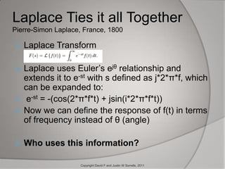 Laplace Ties it all TogetherPierre-Simon Laplace, France, 1800 Laplace TransformLaplace uses Euler’s ejθ relationship and extends it to e-st with s defined as j*2*π*f, which can be expanded to: e-st = -(cos(2*π*f*t) + jsin(i*2*π*f*t))Now we can define the response of f(t) in terms of frequency instead of θ (angle)Who uses this information?Copyright David F and Justin W Sorrells, 2011