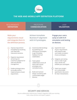 THE WEB AND MOBILE APP DEFINITION PLATFORM
Achieve immediate
Business-IT alignment
with hi-i prototypes.
Make your
requirements visual
and integrate them in
the deinition process.
Engage your users
early on with hi-i
simulation and testing
on devices.
Improve requirement
traceability by visualizing
user lows with
interactive scenarios.
Organize requirement
versioning and
customize categories for
solid and eicient
management.
Enable prototype status
to visually conirm
implementation of each
requirement.
Avoid misunderstandings
by publishing and
sharing your prototypes
to get immediate
feedback from all
stakeholders.
Foster global
collaboration across all
teams with shared
prototypes and
centralized assets.
Build and maintain
design consistency with
customizable widget
libraries.
SECURITY AND SERVICES
Secure collaboration behind your irewall, integration with your existing
tools, setup services and expert support.
Expand the reach
of your requirements
with powerful web
and mobile simulation
of your prototypes.
Integrate user testing
tools in order to get
input, iterate and
validate your prototypes.
Export your project
as a customizable
speciication document
for clear interpretation.
REQUIREMENTS
DEFINITION
PROTOTYPE
COMMUNICATION
USER
VALIDATION
 