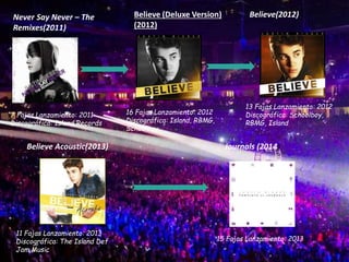 Never Say Never – The
Remixes(2011)
7 Fajas Lanzamiento: 2011
Discográfica: Island Records
Believe (Deluxe Version)
(2012)
16 Fajas Lanzamiento: 2012
Discográfica: Island, RBMG,
Schoolboy
Believe(2012)
13 Fajas Lanzamiento: 2012
Discográfica: Schoolboy,
RBMG, Island
Believe Acoustic(2013)
11 Fajas Lanzamiento: 2013
Discográfica: The Island Def
Jam Music
Journals (2014)
15 Fajas Lanzamiento: 2013
 