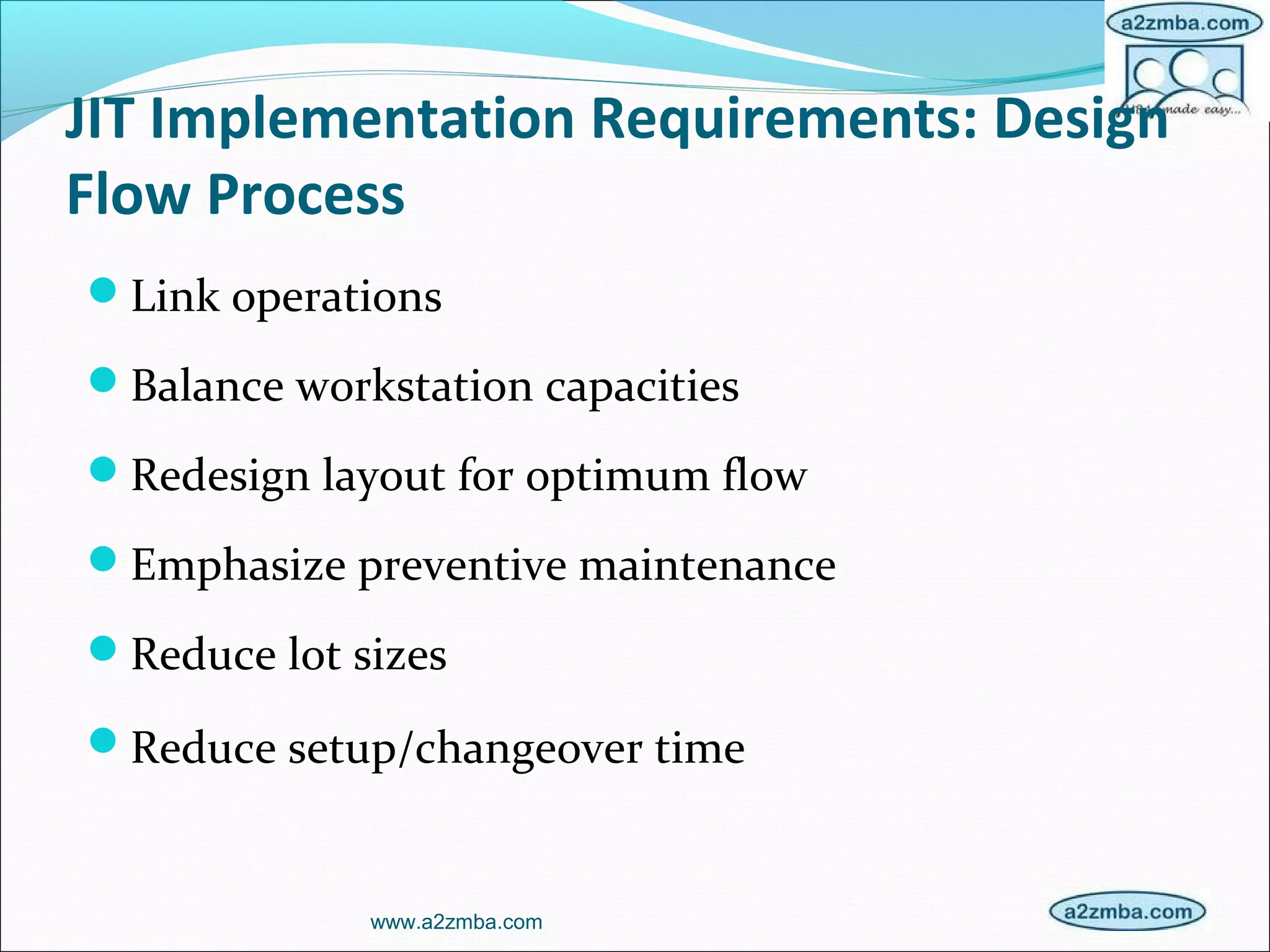 JIT Implementation Requirements: Design
Flow Process
Link operations
Balance workstation capacities
Redesign layout for optimum flow
Emphasize preventive maintenance
Reduce lot sizes
Reduce setup/changeover time
www.a2zmba.com
 
