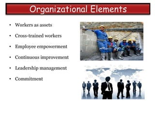 • Workers as assets

• Cross-trained workers

• Employee empowerment

• Continuous improvement

• Leadership management

• Commitment
 