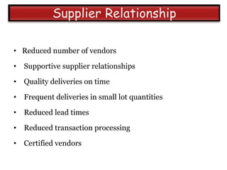 • Reduced number of vendors

•   Supportive supplier relationships

•   Quality deliveries on time

•   Frequent deliveries in small lot quantities

•   Reduced lead times

•   Reduced transaction processing

•   Certified vendors
 