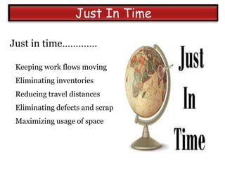 Just in time………….

 Keeping work flows moving
 Eliminating inventories
 Reducing travel distances
 Eliminating defects and scrap
 Maximizing usage of space
 