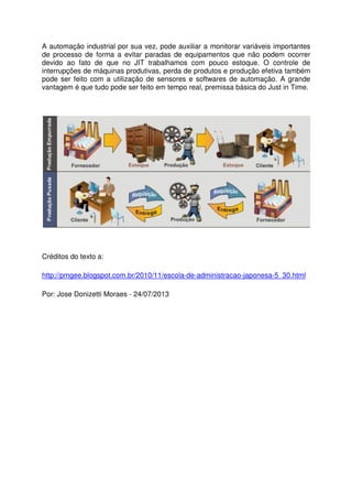 A automação industrial por sua vez, pode auxiliar a monitorar variáveis importantes
de processo de forma a evitar paradas de equipamentos que não podem ocorrer
devido ao fato de que no JIT trabalhamos com pouco estoque. O controle de
interrupções de máquinas produtivas, perda de produtos e produção efetiva também
pode ser feito com a utilização de sensores e softwares de automação. A grande
vantagem é que tudo pode ser feito em tempo real, premissa básica do Just in Time.
Créditos do texto a:
http://pmgee.blogspot.com.br/2010/11/escola-de-administracao-japonesa-5_30.html
Por: Jose Donizetti Moraes - 24/07/2013
 