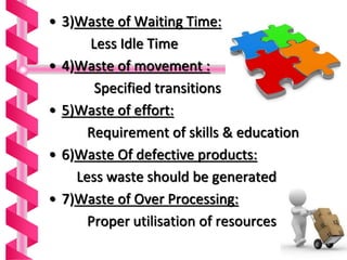 • 3)Waste of Waiting Time:
Less Idle Time
• 4)Waste of movement :
Specified transitions
• 5)Waste of effort:
Requirement of skills & education
• 6)Waste Of defective products:
Less waste should be generated
• 7)Waste of Over Processing:
Proper utilisation of resources
 