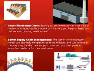  Lower Warehouse Costs: Storing excess inventory can cost a lot of
money, and reducing the amount of inventory you keep on hand can
reduce your carrying costs as well
 Better Supply Chain Management: The just-in-time inventory
model can also help companies be more efficient and competitive in
the way they handle their supply chains and use their parts to
assemble products for their customers.
 
