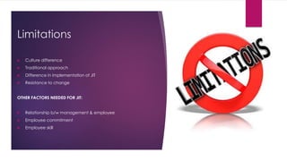 Limitations
 Culture difference
 Traditional approach
 Difference in implementation of JIT
 Resistance to change
OTHER FACTORS NEEDED FOR JIT:
 Relationship b/w management & employee
 Employee commitment
 Employee skill
 