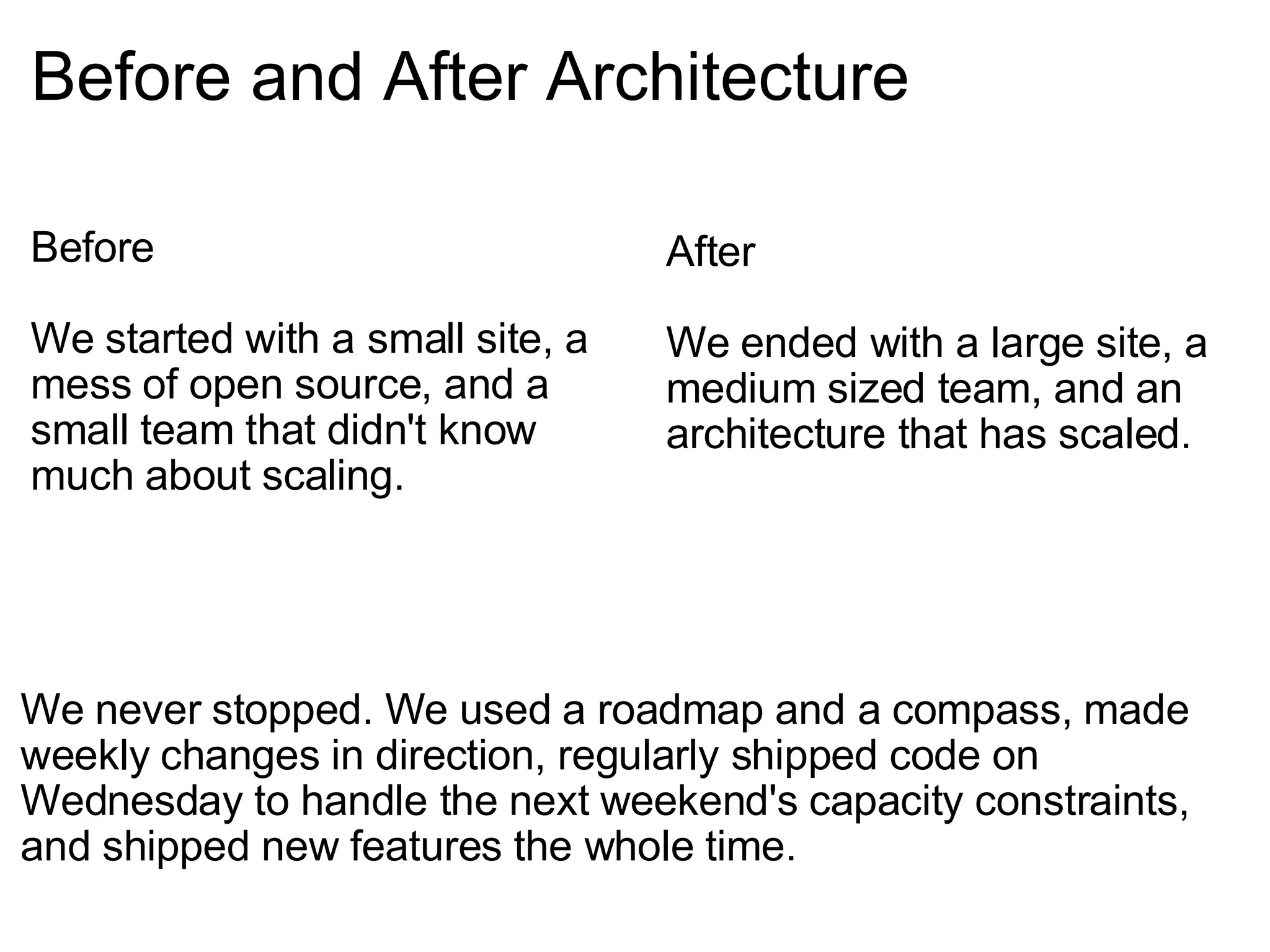 Before and After Architecture Before We started with a small site, a mess of open source, and a small team that didn't know much about scaling.   After We ended with a large site, a medium sized team, and an architecture that has scaled.   We never stopped. We used a roadmap and a compass, made weekly changes in direction, regularly shipped code on Wednesday to handle the next weekend's capacity constraints, and shipped new features the whole time.    