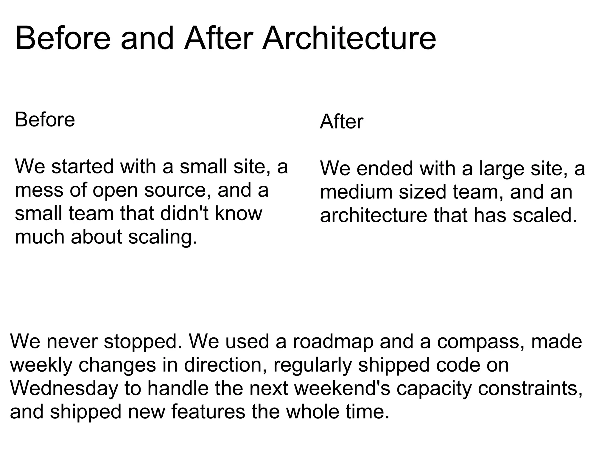 Before and After Architecture Before We started with a small site, a mess of open source, and a small team that didn't know much about scaling.   After We ended with a large site, a medium sized team, and an architecture that has scaled.   We never stopped. We used a roadmap and a compass, made weekly changes in direction, regularly shipped code on Wednesday to handle the next weekend's capacity constraints, and shipped new features the whole time.    