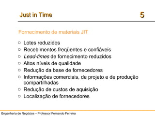 Engenharia de Negócios – Professor Fernando Ferreira
55Just in TimeJust in Time
Fornecimento de materiais JIT
o Lotes reduzidos
o Recebimentos freqüentes e confiáveis
o Lead-times de fornecimento reduzidos
o Altos níveis de qualidade
o Redução da base de fornecedores
o Informações comerciais, de projeto e de produção
compartilhadas
o Redução de custos de aquisição
o Localização de fornecedores
 