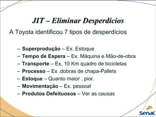 JIT – Eliminar Desperdícios
A Toyota identificou 7 tipos de desperdícios
– Superprodução – Ex. Estoque
– Tempo de Espera – Ex. Máquina e Mão-de-obra
– Transporte – Ex. 10 Km quadro de bicicletas
– Processo – Ex .dobras de chapa-Pallets
– Estoque – Quanto maior , pior.
– Movimentação – Ex. pessoal
– Produtos Defeituosos – Ver as causas
 