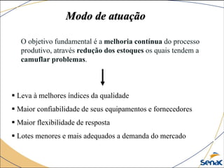 O objetivo fundamental é a melhoria contínua do processo
produtivo, através redução dos estoques os quais tendem a
camuflar problemas.
 Leva à melhores índices da qualidade
 Maior confiabilidade de seus equipamentos e fornecedores
 Maior flexibilidade de resposta
 Lotes menores e mais adequados a demanda do mercado
Modo de atuação
 