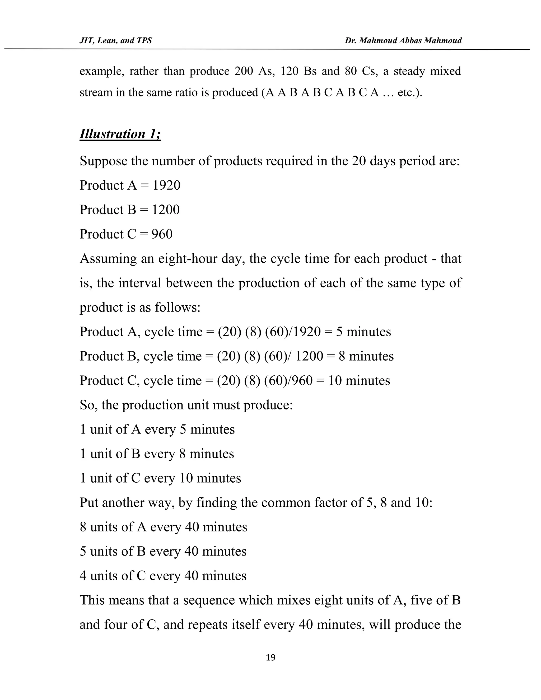 JIT, Lean, and TPS Dr. Mahmoud Abbas Mahmoud
19
example, rather than produce 200 As, 120 Bs and 80 Cs, a steady mixed
stream in the same ratio is produced (A A B A B C A B C A … etc.).
Illustration 1;
Suppose the number of products required in the 20 days period are:
Product A = 1920
Product B = 1200
Product C = 960
Assuming an eight-hour day, the cycle time for each product - that
is, the interval between the production of each of the same type of
product is as follows:
Product A, cycle time = (20) (8) (60)/1920 = 5 minutes
Product B, cycle time = (20) (8) (60)/ 1200 = 8 minutes
Product C, cycle time = (20) (8) (60)/960 = 10 minutes
So, the production unit must produce:
1 unit of A every 5 minutes
1 unit of B every 8 minutes
1 unit of C every 10 minutes
Put another way, by finding the common factor of 5, 8 and 10:
8 units of A every 40 minutes
5 units of B every 40 minutes
4 units of C every 40 minutes
This means that a sequence which mixes eight units of A, five of B
and four of C, and repeats itself every 40 minutes, will produce the
 