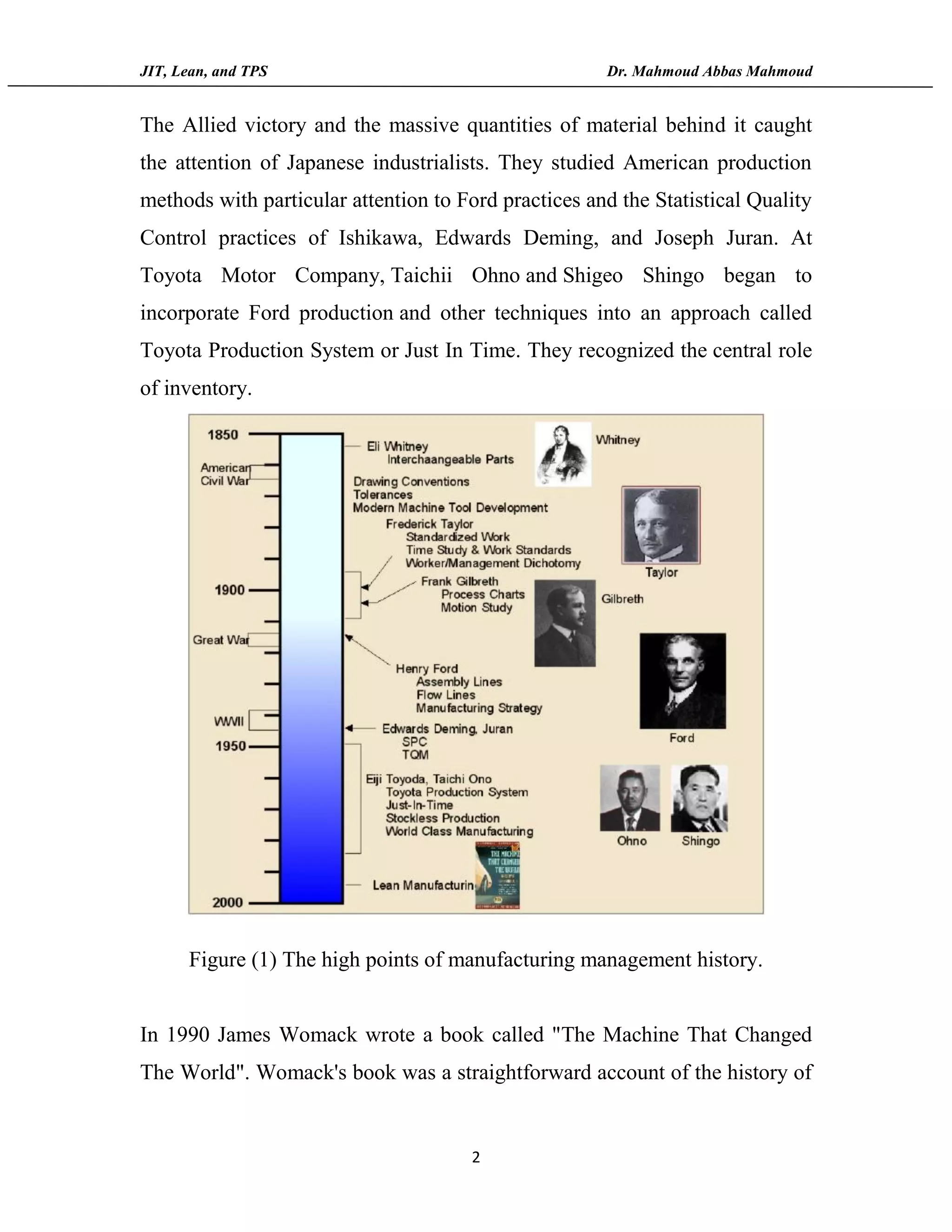 JIT, Lean, and TPS Dr. Mahmoud Abbas Mahmoud
2
The Allied victory and the massive quantities of material behind it caught
the attention of Japanese industrialists. They studied American production
methods with particular attention to Ford practices and the Statistical Quality
Control practices of Ishikawa, Edwards Deming, and Joseph Juran. At
Toyota Motor Company, Taichii Ohno and Shigeo Shingo began to
incorporate Ford production and other techniques into an approach called
Toyota Production System or Just In Time. They recognized the central role
of inventory.
Figure (1) The high points of manufacturing management history.
In 1990 James Womack wrote a book called "The Machine That Changed
The World". Womack's book was a straightforward account of the history of
 