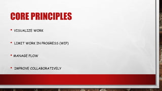 CORE PRINCIPLES
• VISUALIZE WORK
• LIMIT WORK IN PROGRESS (WIP)
• MANAGE FLOW
• IMPROVE COLLABORATIVELY
 