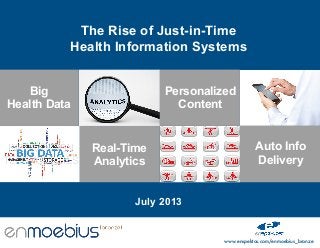 The Rise of Just-in-Time
Health Information Systems
Big
Health Data

Personalized
Content

Real-Time
Analytics

Auto Info
Delivery

July 2013

www.enspektos.com/enmoebius_bronze

 