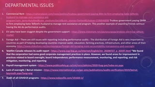 DEPARTMENTAL ISSUES
1. Commercial Rent - https://nationalpost.com/news/politics/trudeau-government-paying-84m-to-firm-employing-katie-telfords-
husband-to-manage-rent-assistance-aid-
program?utm_term=Autofeed&utm_medium=Social&utm_source=Twitter#Echobox=1596846898 Trudeau government paying $84M
to firm employing Katie Telford's husband to manage rent assistance aid program. This another example of awarding friends without
having the AG do performance audits.
2. EV sales have been sluggish despite the government support - https://www.slideshare.net/paulyoungcga/analysis-electrical-vehicle-
market
3. Foreign Aid – There are still issues with reporting including performance audits - The distribution of Foreign Aid is very important to
countries as part of helping developing countries improve water, education, farming practices, infrastructure, and other areas of their
economy. https://www.slideshare.net/paulyoungcga/foreign-aid-bringing-more-accountability-transparency-and-oversight
4. Telefilm Canada releases its audit report - https://www.oag-bvg.gc.ca/internet/English/mr_20200727_e_43597.html “We found
that the corporation had some good corporate management practices in place. However, we found areas for improvement in
practices related to board oversight; board independence; performance measurement, monitoring, and reporting; and risk
mitigation, monitoring, and reporting
5. Payroll management system - https://www.publicsafety.gc.ca/cnt/rsrcs/pblctns/2020-foag-pm/index-en.aspx
6. Lack of oversight / Beirut mission - https://www.international.gc.ca/gac-amc/publications/audits-verification/2019/beirut-
beyrouth.aspx?lang=eng
7. Audit of all COVID19 programs - https://www.todayville.com/191820-2/
 