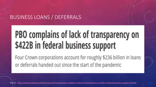 BUSINESS LOANS / DEFERRALS
Source - https://www.canadianmanufacturing.com/financing/pbo-complains-of-lack-of-transparency-on-422b-in-federal-business-support-261584/
 