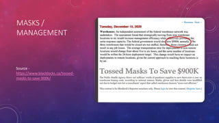 MASKS /
MANAGEMENT
Source -
https://www.blacklocks.ca/tossed-
masks-to-save-900k/
 