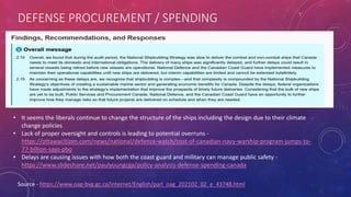 DEFENSE PROCUREMENT / SPENDING
Source - https://www.oag-bvg.gc.ca/internet/English/parl_oag_202102_02_e_43748.html
• It seems the liberals continue to change the structure of the ships including the design due to their climate
change policies
• Lack of proper oversight and controls is leading to potential overruns -
https://ottawacitizen.com/news/national/defence-watch/cost-of-canadian-navy-warship-program-jumps-to-
77-billion-says-pbo
• Delays are causing issues with how both the coast guard and military can manage public safety -
https://www.slideshare.net/paulyoungcga/policy-analysis-defense-spending-canada
 