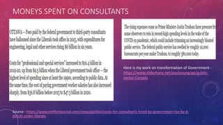 MONEYS SPENT ON CONSULTANTS
Source - https://www.melfortjournal.com/news/politics/costs-for-consultants-hired-by-government-rise-by-6-
billion-under-liberals
Here is my work on transformation of Government -
https://www.slideshare.net/paulyoungcga/public-
sector-Canada
 