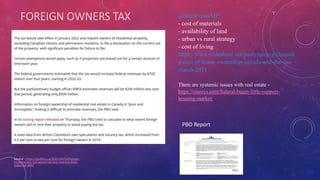 FOREIGN OWNERS TAX
Source - https://ipolitics.ca/2021/05/13/foreign-
homeowners-tax-would-net-less-revenue-than-
expected-pbo/
@SeanFraserMP
- cost of materials
- availability of land
- urban vs rural strategy
- cost of living
https://www.slideshare.net/paulyoungcga/housin
g-cost-of-home-ownership-canada-and-the-usa-
march-2021
There are systemic issues with real estate -
https://storeys.com/federal-buget-little-support-
housing-market/
PBO Report
 