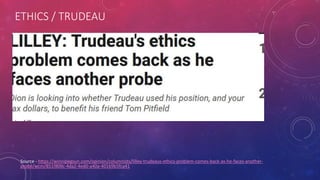 ETHICS / TRUDEAU
Source - https://winnipegsun.com/opinion/columnists/lilley-trudeaus-ethics-problem-comes-back-as-he-faces-another-
probe/wcm/851f809c-4da2-4ed0-a40a-40169b5fca41
 