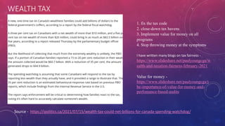 WEALTH TAX
Source - https://ipolitics.ca/2021/07/15/wealth-tax-could-net-billions-for-canada-spending-watchdog/
1. fix the tax code
2. close-down tax havens
3. Implement value for money on all
programs
4. Stop throwing money at the symptoms
I have written many blogs on tax fairness -
https://www.slideshare.net/paulyoungcga/w
ealth-and-taxation-fairness-february-2021
Value for money -
https://www.slideshare.net/paulyoungcga/t
he-importance-of-value-for-money-and-
perfomance-based-audits
 