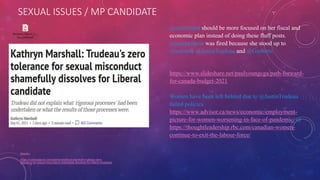 SEXUAL ISSUES / MP CANDIDATE
Source -
https://nationalpost.com/opinion/kathryn-marshall-trudeaus-zero-
tolerance-for-sexual-misconduct-shamefully-dissolves-for-liberal-candidate
Women's_Report_2_-_
Nov_2020.pdf
@cafreeland should be more focused on her fiscal and
economic plan instead of doing these fluff posts.
@janephilpott was fired because she stood up to
@telfordk @JustinTrudeau and @Gmbutts
https://www.slideshare.net/paulyoungcga/path-forward-
for-canada-budget-2021
Women have been left behind due to @JustinTrudeau
failed policies
https://www.advisor.ca/news/economic/employment-
picture-for-women-worsening-in-face-of-pandemic/ or
https://thoughtleadership.rbc.com/canadian-women-
continue-to-exit-the-labour-force/
 
