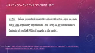 AIR CANADA AND THE GOVERNMENT
Source - https://www.dailyadvent.com/news/3a5b2b6ea706638a0c2ba72eb0e9ea7e-PBO-estimates-
federal-government-will-profit-in-Air-Canada-aid-deal
 