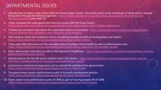 DEPARTMENTAL ISSUES
1. Liberals have created a new entity called the Ocean Super cluster. This entity seems to be a duplicate of what work is already
being done through the fisheries agencies - https://www.slideshare.net/paulyoungcga/aquaculture-fish-farming-and-
harvesting-analysis (see slide 17)
2. I have reviewed the coast guard and there are issues with the Coast Guard -
https://www.slideshare.net/paulyoungcga/government-policy-public-safety-canada-coast-guard
3. Trudeau has not been clear about 5G, especially in terms of contracts - https://www.slideshare.net/paulyoungcga/global-
security-threats-from-5g-leads-to-new-selection-of-5g-vendors
4. CRA needs to revisit its mandate in terms of auditing charities as well as shutting down tax havens -
https://www.slideshare.net/paulyoungcga/closing-down-of-tax-havens
5. I have seen little discussion on the cannabis policy including mental health as well as enforcement costs -
https://www.slideshare.net/paulyoungcga/government-policy-legalization-of-cannabis-canada
6. More work needs to be done to reform the delivery of healthcare - https://www.slideshare.net/paulyoungcga/whats-next-for-
global-healthcare-post-covid19
7. Liberals policies for the AG sector need to have a full review - https://www.slideshare.net/paulyoungcga/whats-next-for-
farming-in-canada-analysis-of-economic-and-government-policies
8. eCommerce continues to expand as such so should the policies of the government -
https://www.slideshare.net/paulyoungcga/ecommerce-whats-next
9. The government needs a performance audit of its youth employment policies -
https://www.slideshare.net/paulyoungcga/canada-youth-development
10. There needs to be performance audit of CERB as part of moving people off of CERB -
https://www.slideshare.net/paulyoungcga/policy-analysis-guarantee-income
 
