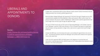 LIBERALS AND
APPOINTMENTS TO
DONORS
Source -
https://www.cbc.ca/news/politics/lamet
ti-judicial-appointment-philippe-
belanger-1.5805729?cmp=rss
 