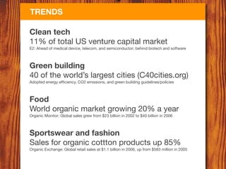 TRENDS

Clean tech
11% of total US venture capital market
E2: Ahead of medical device, telecom, and semiconductor; behind biotech and software



Green building
40 of the world’s largest cities (C40cities.org)
Adopted energy efﬁciency, CO2 emissions, and green building guidelines/policies



Food
World organic market growing 20% a year
Organic Monitor: Global sales grew from $23 billion in 2002 to $40 billion in 2006



Sportswear and fashion
Sales for organic cottton products up 85%
Organic Exchange: Global retail sales at $1.1 billion in 2006, up from $583 million in 2005
 