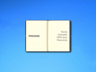 Trends
           Examples
PROCESS
          FMYI story
          Resources
 