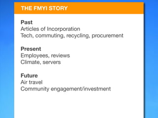 THE FMYI STORY

Past
Articles of Incorporation
Tech, commuting, recycling, procurement

Present
Employees, reviews
Climate, servers

Future
Air travel
Community engagement/investment
 