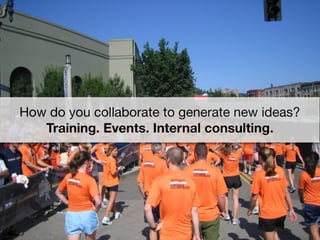 How do you collaborate to generate new ideas?
   Training. Events. Internal consulting.
 