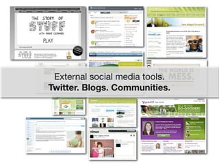 External social media tools.
Twitter. Blogs. Communities.
 
