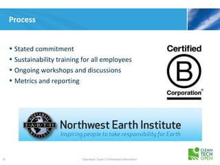 Process


     • Stated commitment
     • Sustainability training for all employees
     • Ongoing workshops and discussions
     • Metrics and reporting




10                            Cleantech Open Confidential Information
 